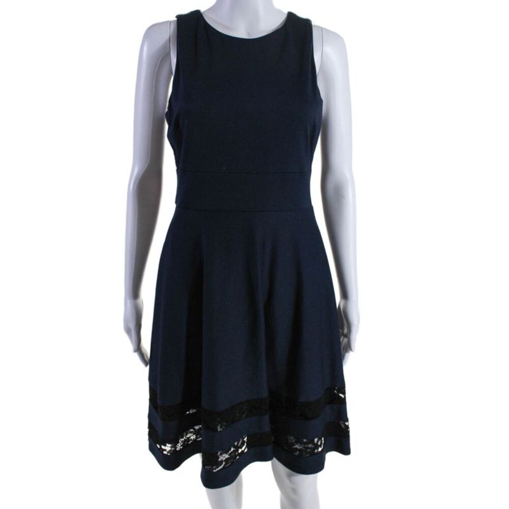 Eliza B. Womens Navy Lace Trim Crew Neck Sleeveless Zip Back Shift Dress Size 6